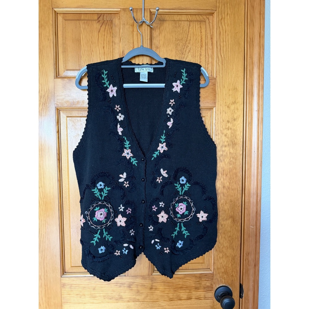 A Little Extra Spice Vintage Floral Embroidered Beaded Knit Vest Black 22W Plus